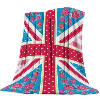 

Flower Grid Background Union Jack Flannel Blanket for Bed Sofa Portable Soft Fleece Throw Funny Plush Bedspreads