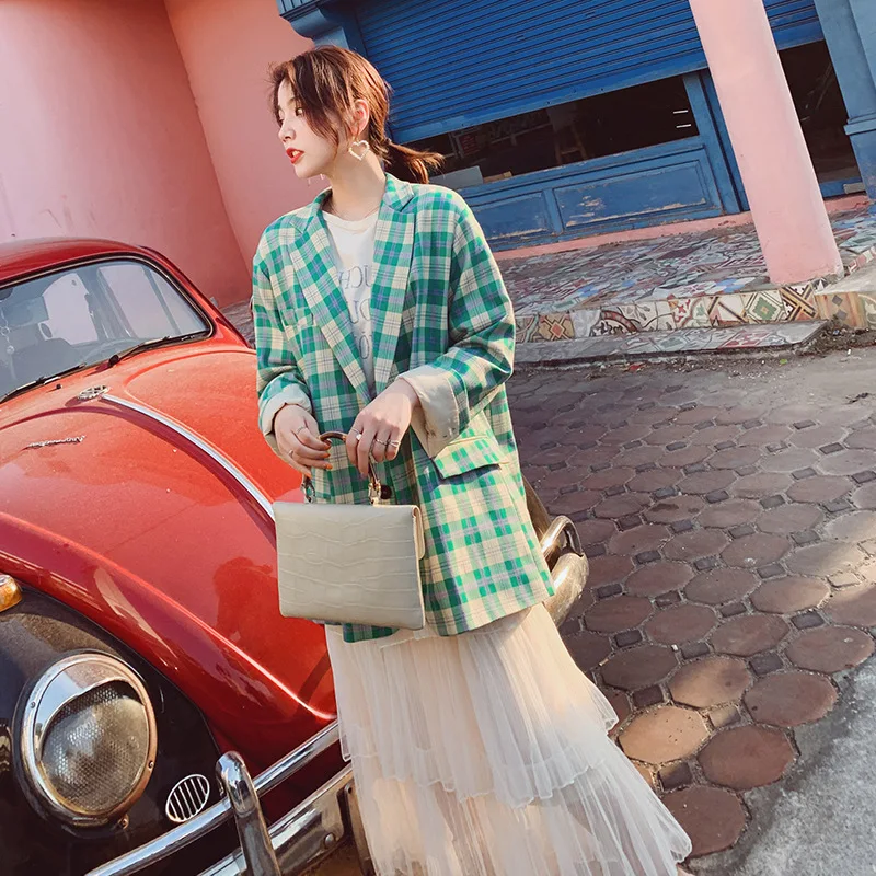 

Photo Shoot Green Plaid Small Suit WOMEN'S Coat 2020 Spring New Style Korean-style Loose Tops Online Celebrity Leisure Suit