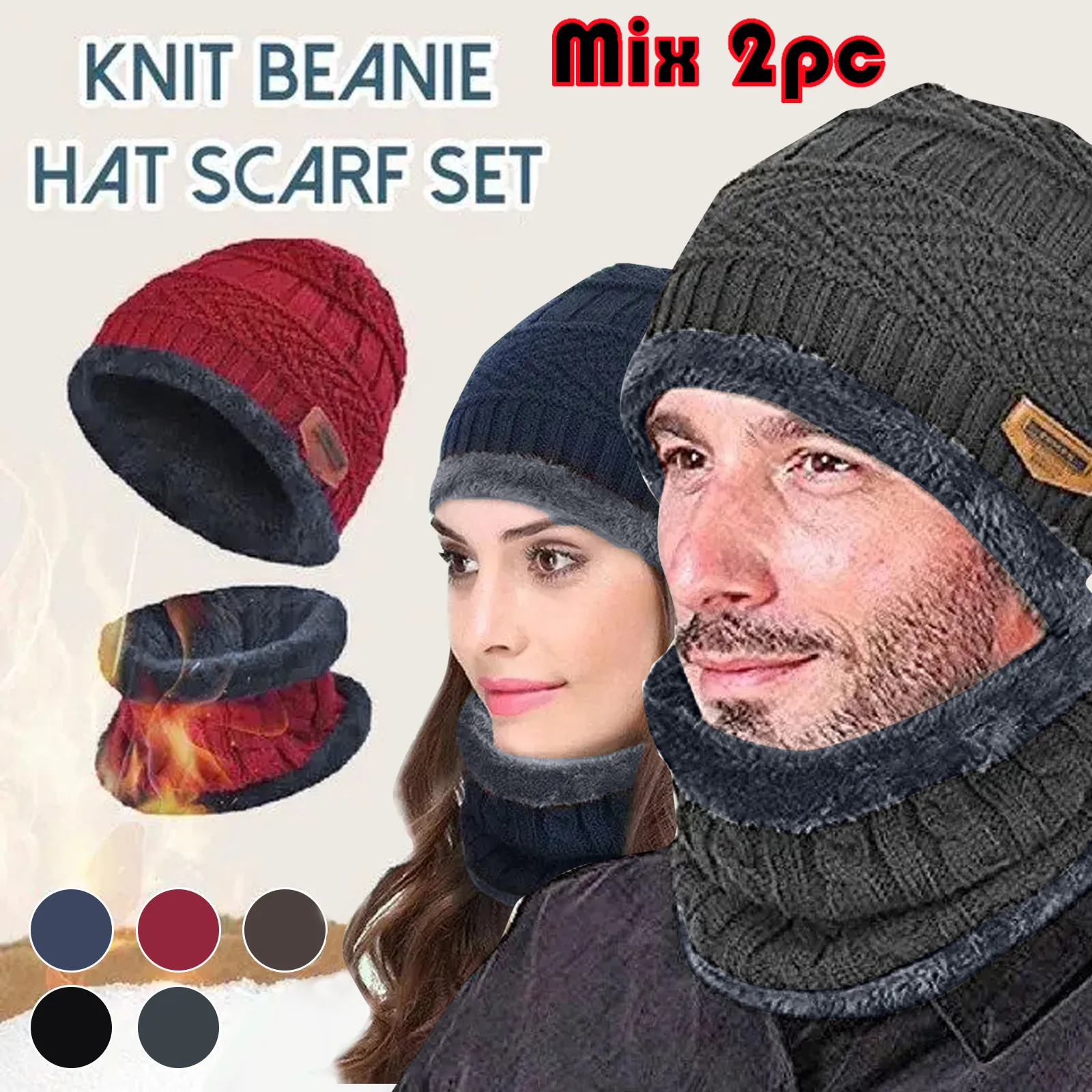 

2pcs Winter Thermal Plush Hat Scarf Woolen Cap Cycling Windproof Cap Two-piece Suit Thickend Knitted Hat Scarf Face Cover with