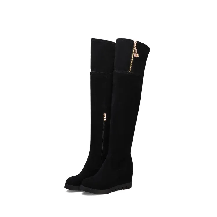 Сапоги выше колена осенне-зимняя Новая модная женская обувь на высоком каблуке с круглым носком на молнии размера плюс 32-43 - Цвет: Черный