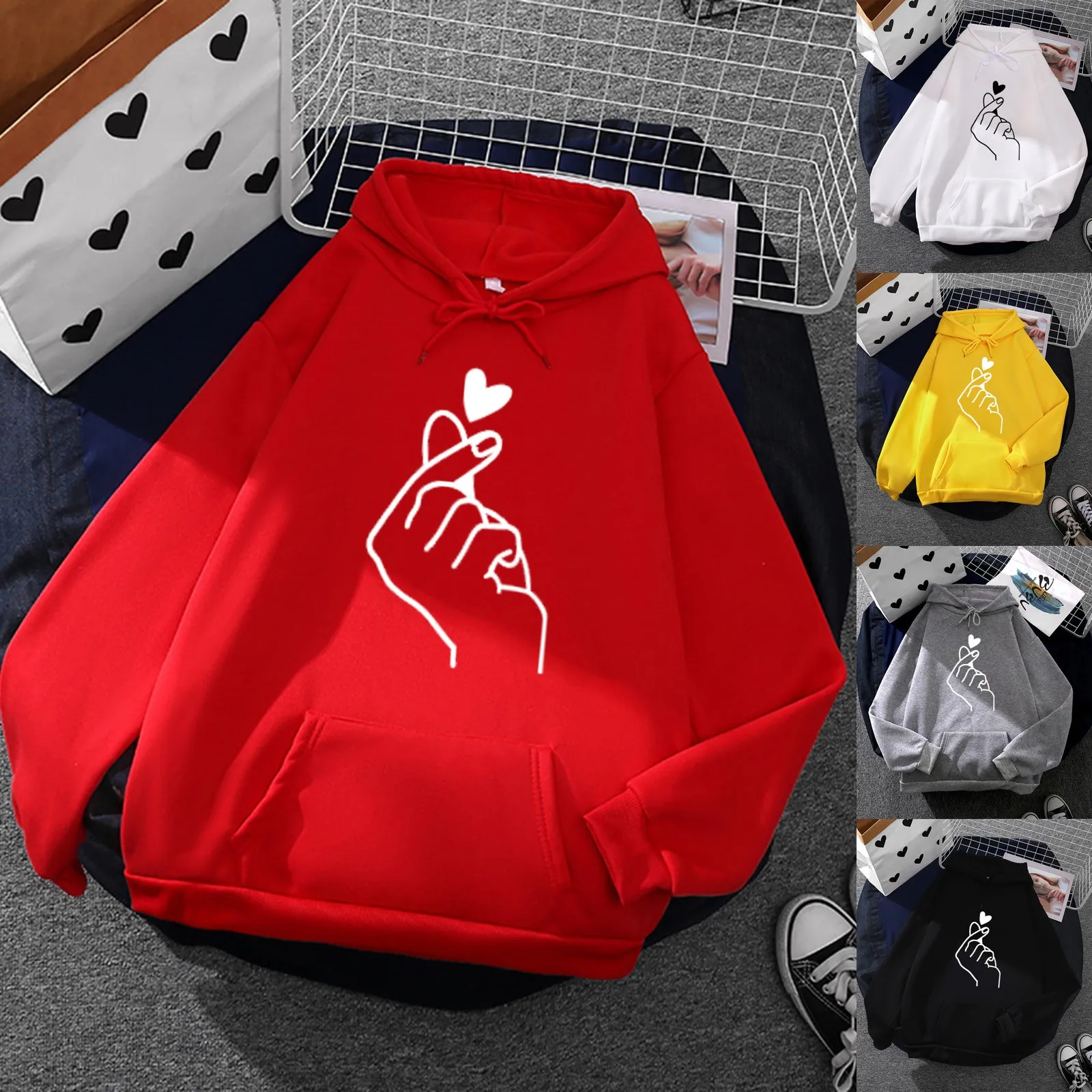 Oversized Heart Printed Hoodies For Women Kawaii Casual Loose Hooded Sweatshirts With Pocket Drawstring Sudaderas Con Capucha 2