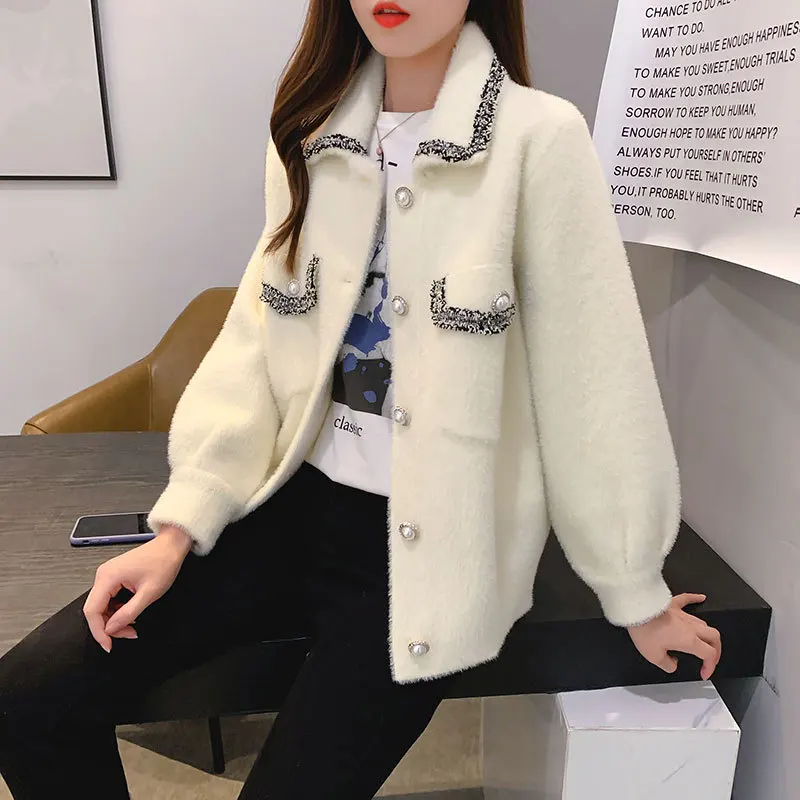 

Faux Mink Cashmere Short Jacket Women's 2019 Autumn And Winter Online Celebrity Graceful Long Sleeve Loose-Fit Cardigan Sweater