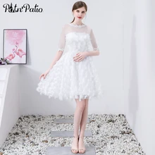 Элегантные белые вечерние платья с круглым вырезом, кружевом и перьями, с рукавами, трапециевидные короткие платья длиной до колен для выпускного вечера размера плюс