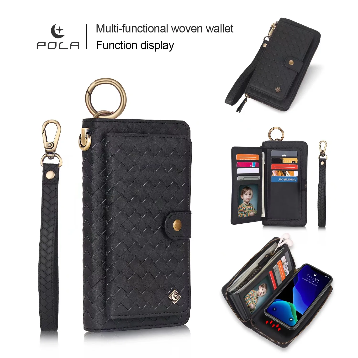 POLA модный кожаный чехол-кошелек с тканым узором для iPhone 11 Pro Max, магнитное съемное автомобильное кольцо
