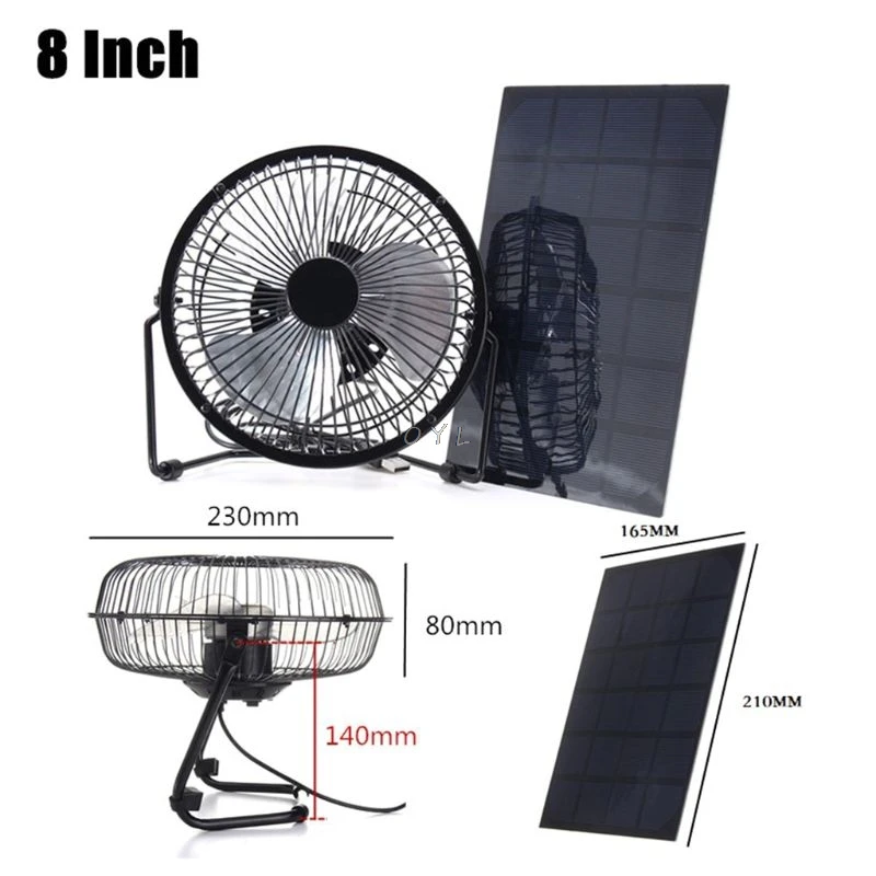 Solar Panel Powered / USB Charging Iron Fan 8" Cooling Air Fans For Outdoor Traveling Fishing Home Office BLACK Whosale&Dropship