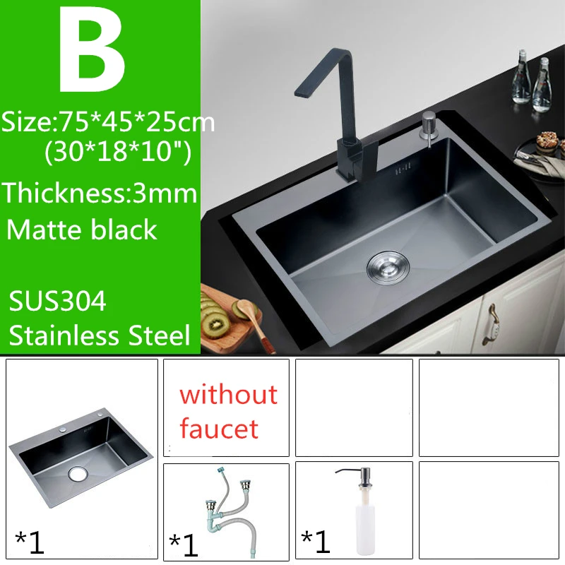 Brushed Gold Kitchen Sink Thick 4mm Single Bowl Above Counter Nano Coated Sink with Drain Basket Black Sink 304 Stainless Steel - Цвет: A 75X45cm