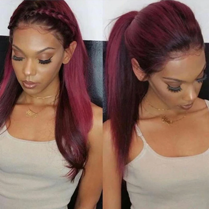 1B 99J Lace Frontal Wig 150% Straight Full Lace Front Human Hair Wigs Ombre Purple Wine Red Aquaman Colorful Wig
