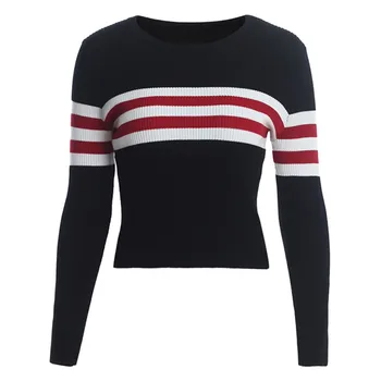 

Women's sweater fashion autumn and winter long-sleeved round neck Slim stretch striped pullover knit bottoming sweater W0820