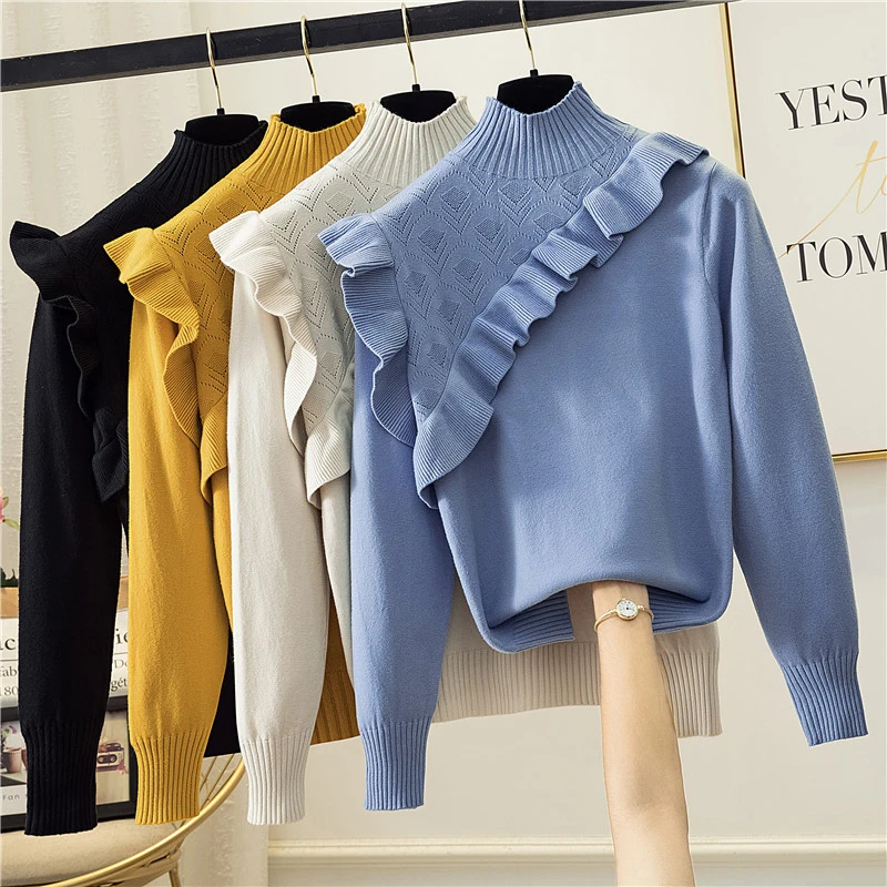 

Turtleneck Elasticity Knitted Women Sweater Autumn Winter Loose Jumper Fashion Ruffles Basic Female Pullover Femme Pull