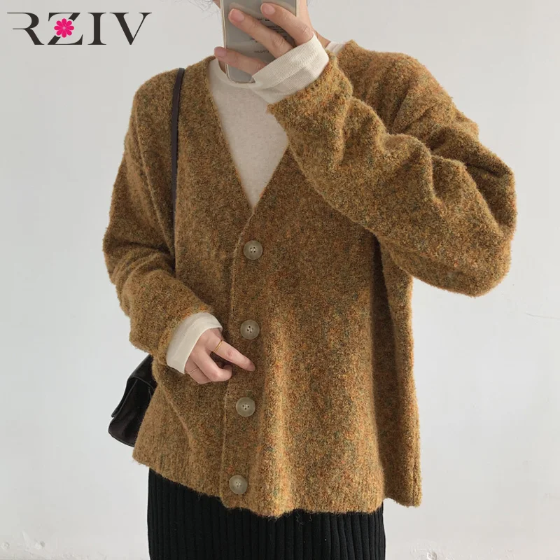 

RZIV Autumn and winter women's sweater casual solid color V-neck long-sleeved loose cardigan sweater
