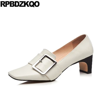 

size 4 34 beige fashion square toe 11 43 block genuine leather ladies high heels shoes thick big 33 10 42 2019 slip on pumps