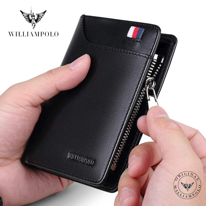 Men Wallet Card-Holder WILLIAMPOLO Genuine-Leather Zipper Short with Purse Casual Standard