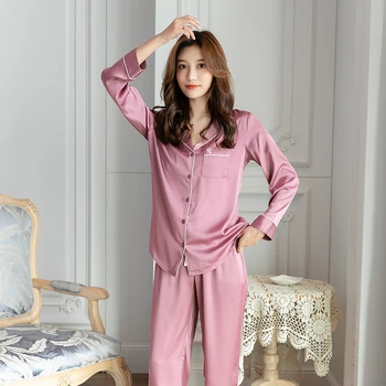 

New imitation silk pajamas women suit long-sleeved trousers lapel satin home service