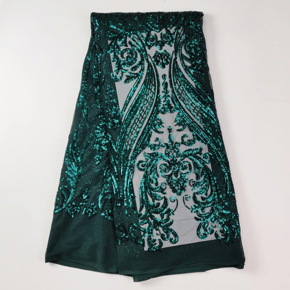 Elegant Rose Red and Dark Green Glitter Lace Fabric
