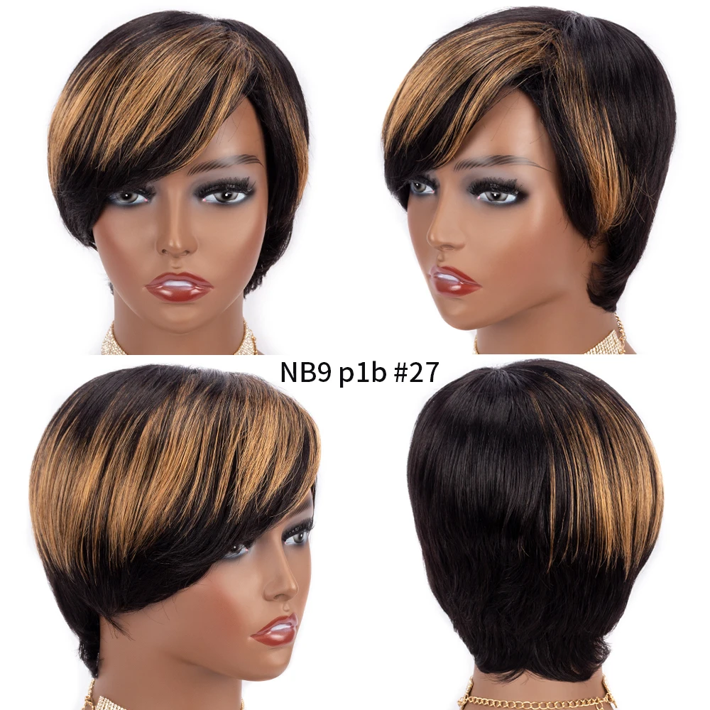 Peruca de Cabelo Humano em Linha Perucas com Franja Humano para Preto Pixie Corte Reta Curto Mel Loira Ombre Cor Cheia Máquina Bob 9 linha reta bob curto perucas com franja