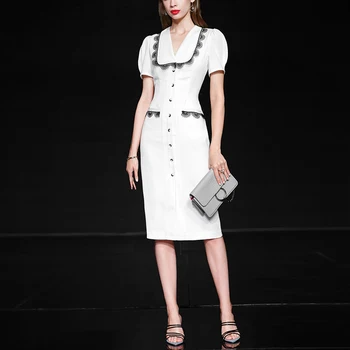 

Seifrmann Fashion Designer Vintage Summer White Dress Women V-Neck Lace Floral Patchwork Button Ladies Midi Dresses Vestoidos