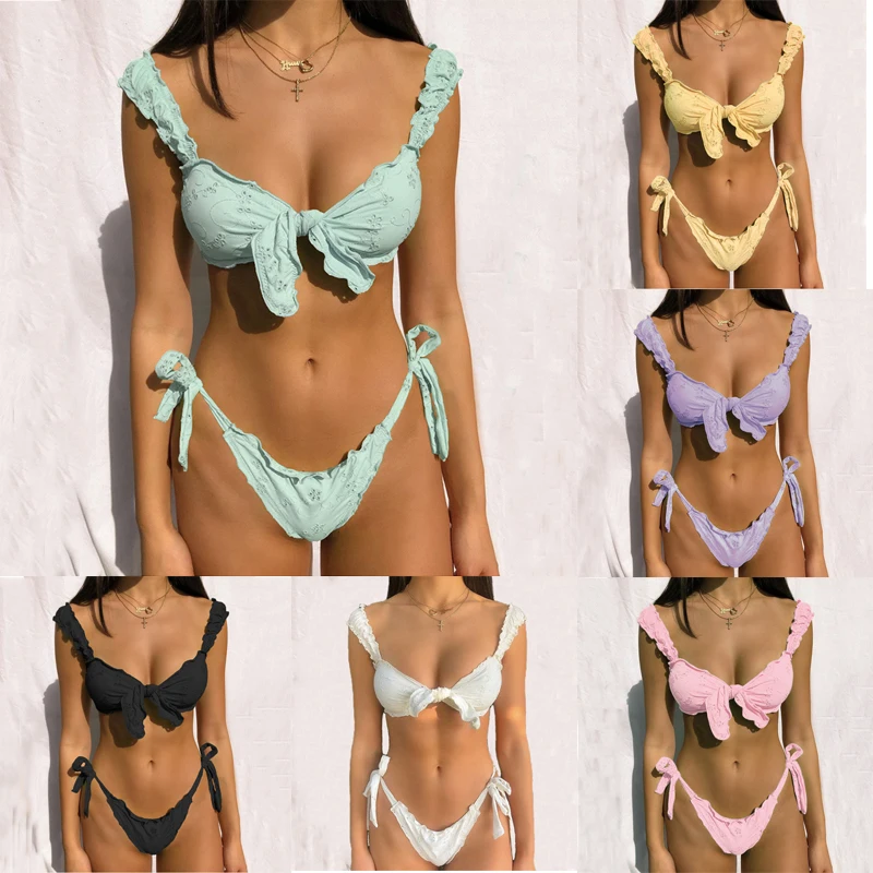 Bikini-Sets Bathing-Suits Beachwear Bandage Thong Ruffled Swimwear Push-Up Sexy Women