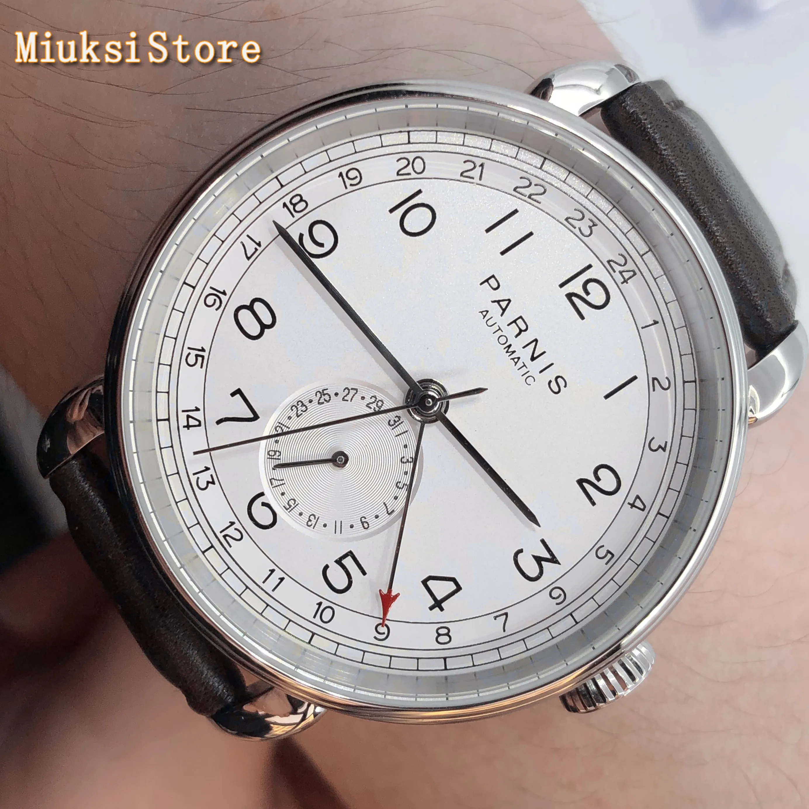 Parnis new top mens automatic mechanical watch 42mm silver case GMT arab mark date window leather mens watches
