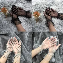 

Spring Summer Women Gloves Stretchy Sexy Lace Tulle Full Finger Mittens Lotus Leaf Sheers Elegant Lady Driving Gloves Wedding