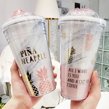 

Pink Pineapple Coffee Mugs Portable Tea Milk Juice Cup Water Bottle Travel Mug with Straw 420Ml Pink Creative Printed Mug