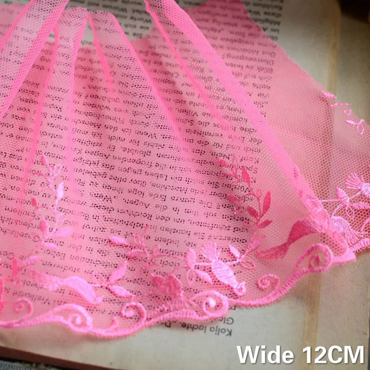 12CM Wide Luxury Tulle Mesh Pink Lace Trim Embroidered Flowers Ribbon Wedding Dress Head Scarfs Cloth Home Fabric Sewing Decor | Дом и сад