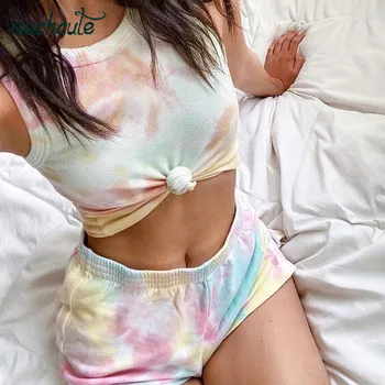 

SUCHCUTE tie dye two piece set women crop top Shorts sets summer 2020 sportswear woman tracksuits skinny fitness suit female kit