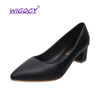 

Thick High Heels Shoes Women Pumps 2019 Spring Autumn Pointed Toe Work Shoes Slip On High Heels Soft Leather Wedding shoes