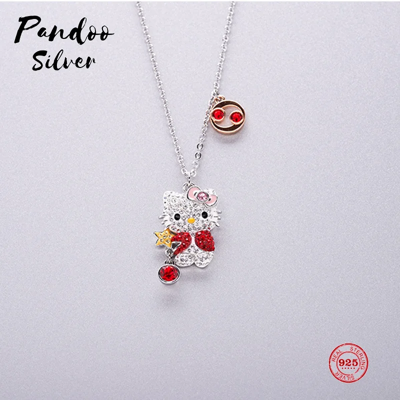 

PANDOO Fashion Charm Pure 925 Silver Original 1:1 Copy, Cute Cancer Kitty Clavicle Chain Necklace Female Luxury Jewelry Gifts