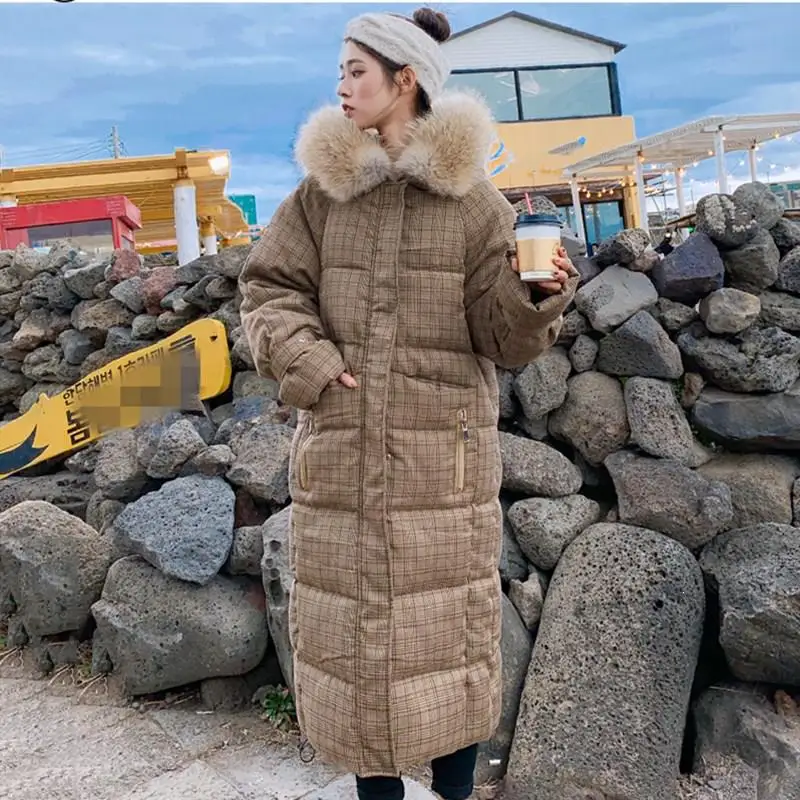 

2019 Korean Style Warm Long Winter Jacket Zippers Hooded With Fur Plaid Coat Casual Thicken Padded Parka