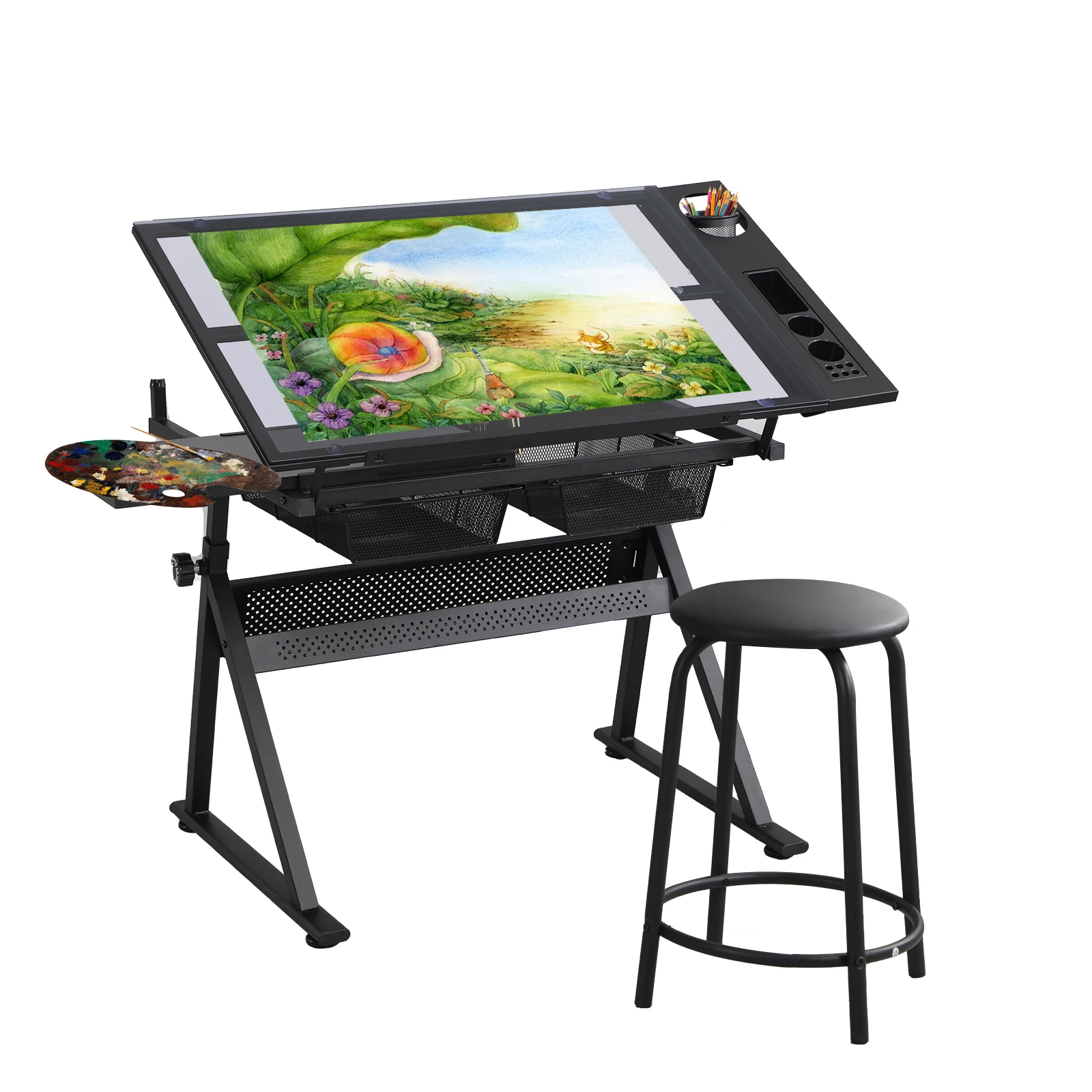 US $242.27 Height Adjustable Glass Top Drafting Table with Storage Drawer and Stool 472551x236x274358Inches BlackUSStock