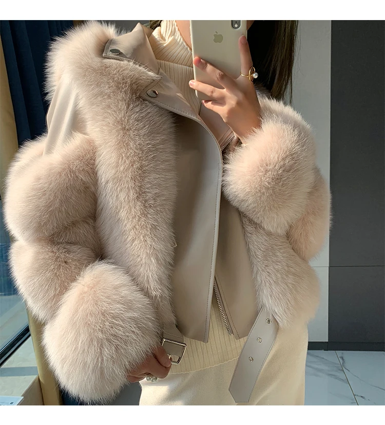 

Winter High Quality Overcoat Furry Cropped Faux Fur and Leather Patchwork Jacket Fake Fox Fur Outwear Women Faux Fur Short Coat