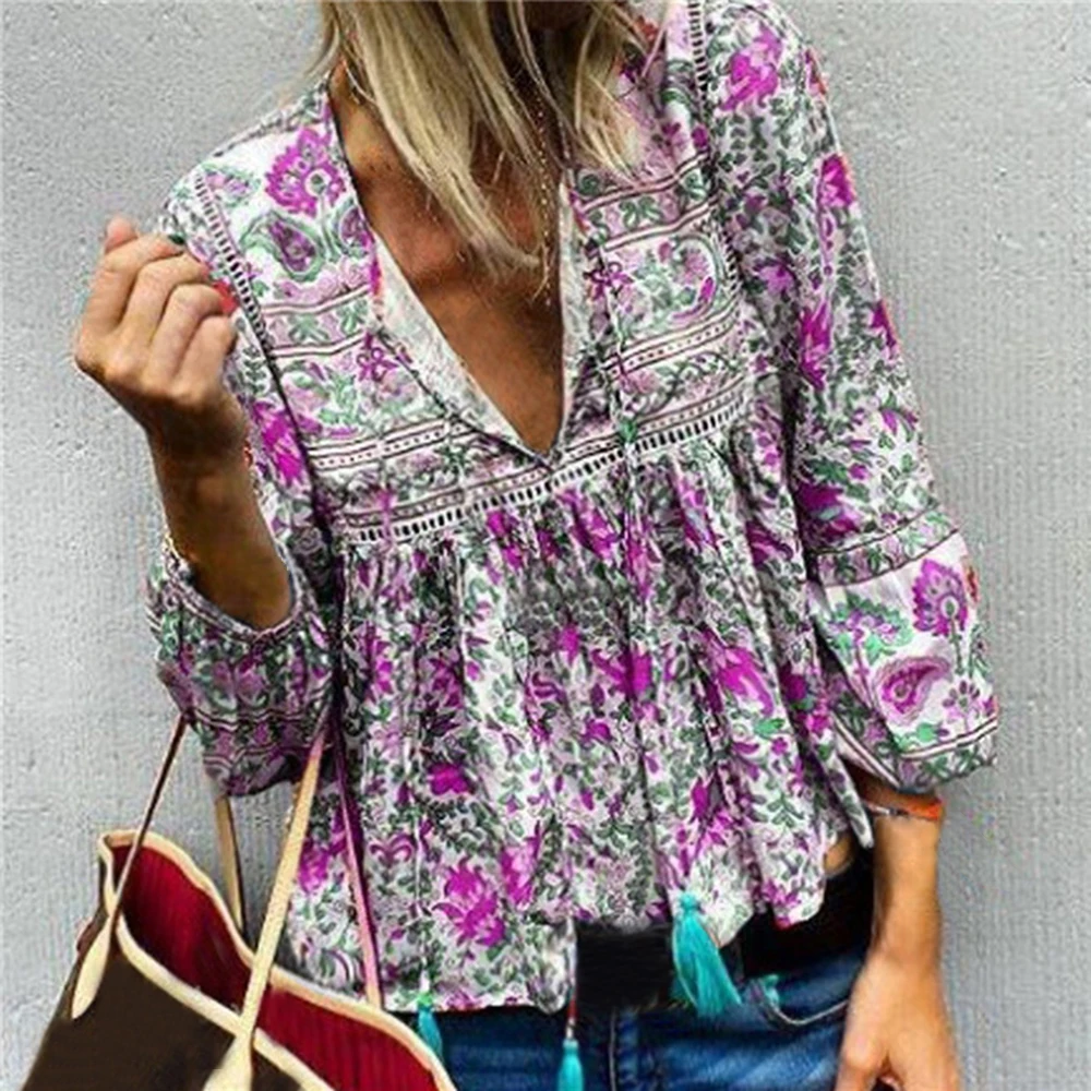 

MoneRffi Boho Blouse Floral Print Lantern Sleeve Autumn Shirt Sexy Tassel V-Neck Women Tops Summer Lace Patchwork Retro Blouses
