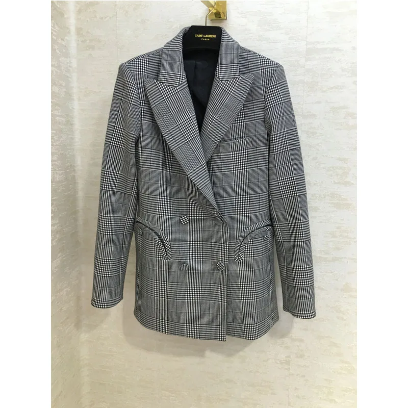 

2019 autumn and winter high quality temperament plaid suit white double-breasted jacket