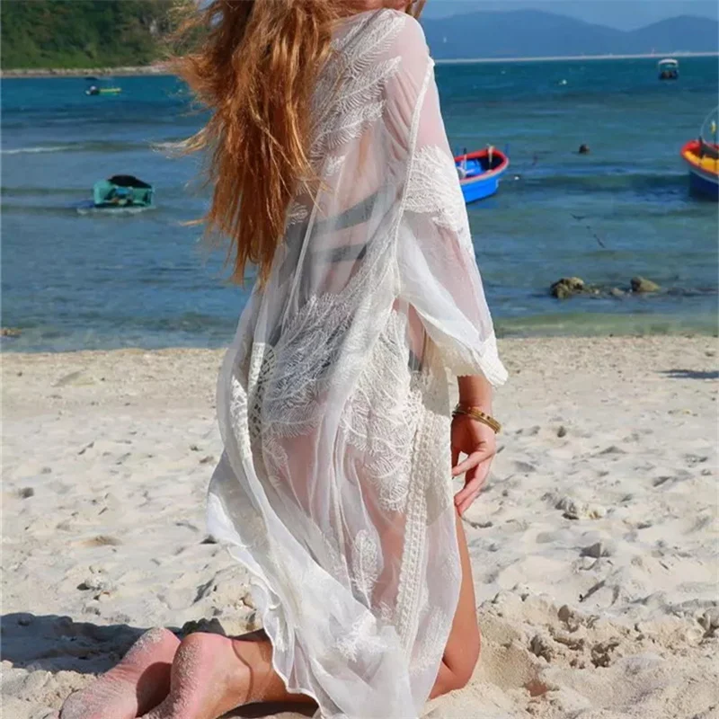 Сетчатая накидка для пляжа купальник с вышивкой кимоно саронга летнее пляжное