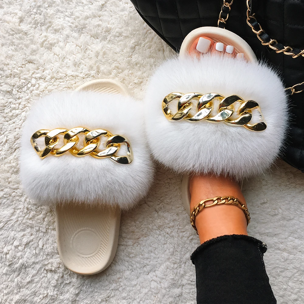 Women Furry Slides Chain Fluffy Flip Flops Faux Fox Fur Slippers Female Flat Summer Plush Slippers