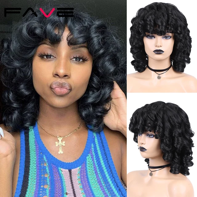 FAVE Afro Kinky Curly Wig With Bangs Black Red Synthetic Hair Shoulder LengthHeat Resistant Fiber For Africa America Black Women black