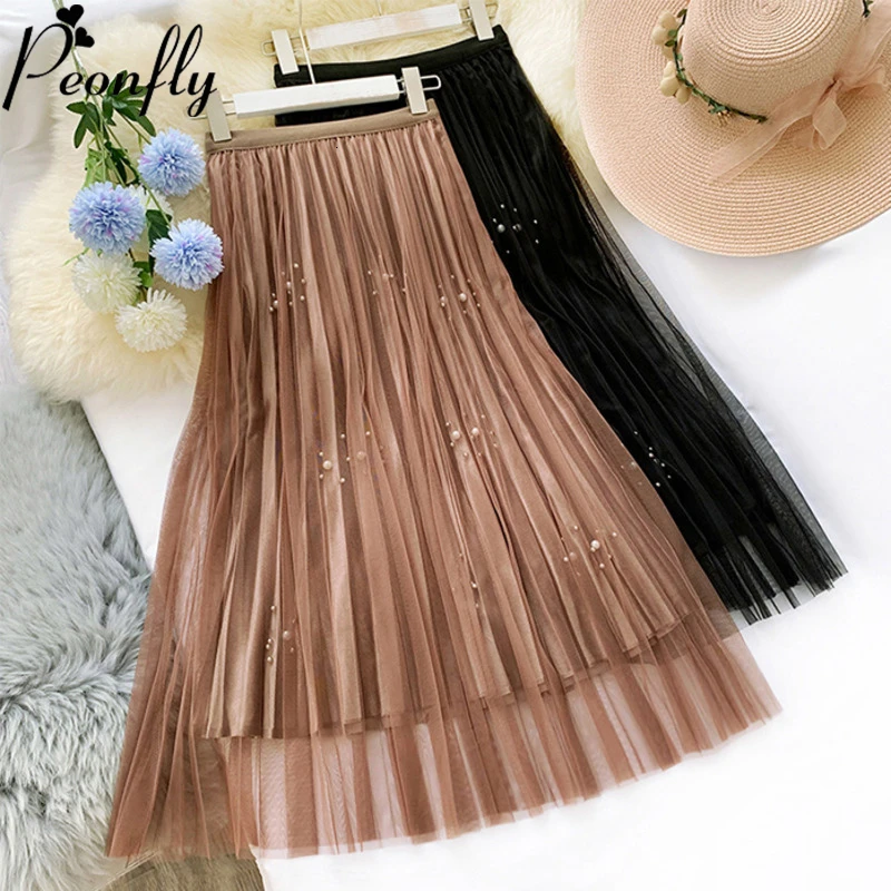PEONFLY, сетчатые, длинные, плиссированные, тюлевые юбки, для женщин, с бисером,, осень, зима, корейские юбки, высокая талия, трапециевидная, макси юбка для женщин