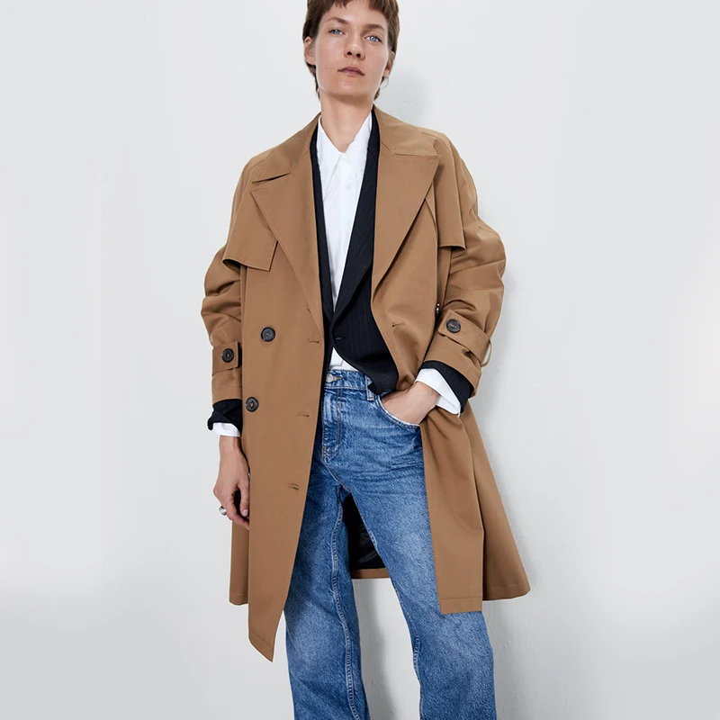 Ladyfirsy, коричневая ветровка ZA для женщин, новинка, простая двубортная верхняя одежда с длинным рукавом и поясом, женское длинное пальто
