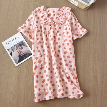 

Women's Nightgowns Spring Summer New Printed Cotton Double-layer Yarn Lace-up Doll Collar Short Sleeve Nightdress Sleeping Gowns