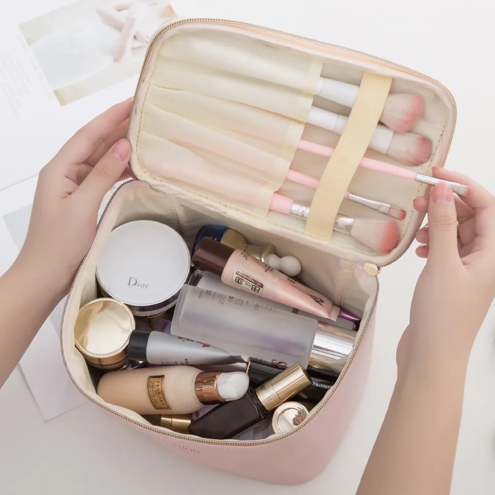 1 Pc  Large Women Cosmetic Bag PU Leather Waterproof  Zipper Make Up Bag Travel Washing Makeup Organizer Beauty Case