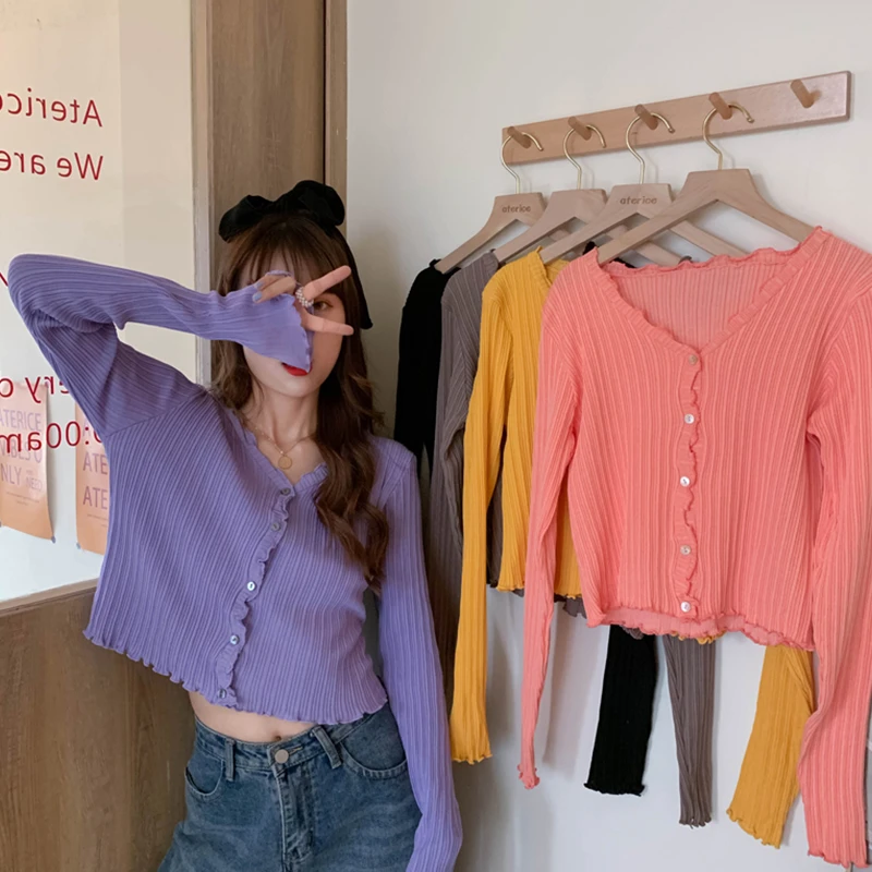 

Cardigan Outwear for Female Women V-Neck Knitted Casual Ruched Short Sweaters Cardigans Lady Knitting Soft Thin Summer