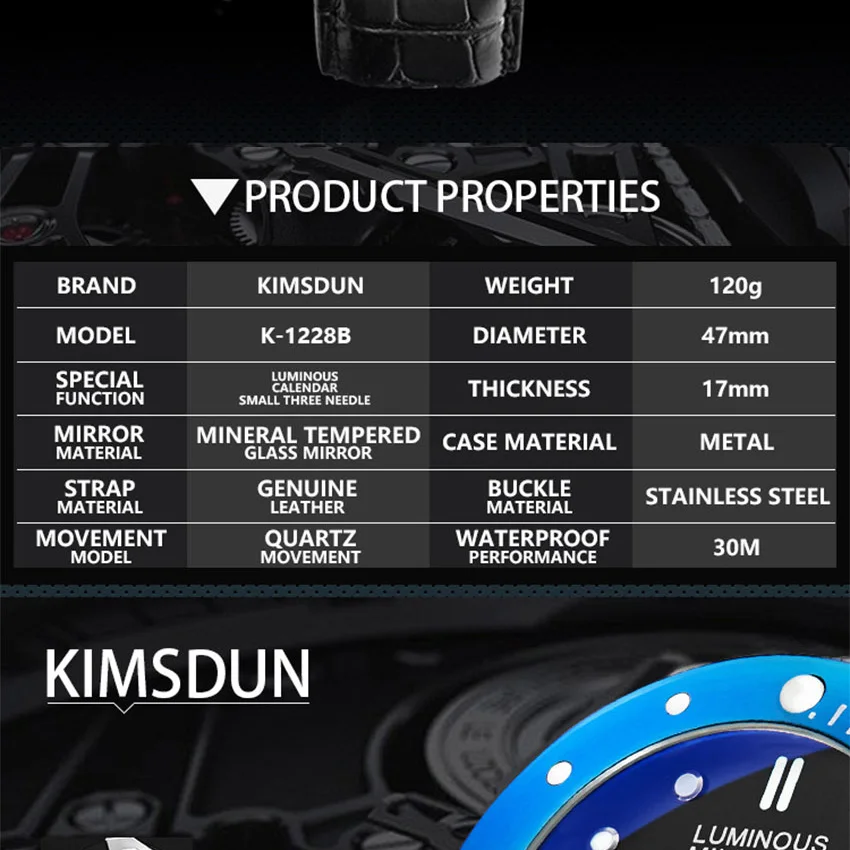 KIMSDUN мужские часы с большим циферблатом кожаные водонепроницаемые спортивные кварцевые часы с подсветкой лучший бренд Роскошные наручные часы Relogio Masculino