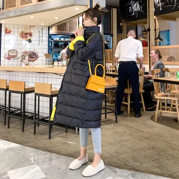 

2019 New Style Korean-style down Jacket Women's Fashion Loose Mid-length Contrasting Color Stand-Collar over-the-Knee Slim Fit W