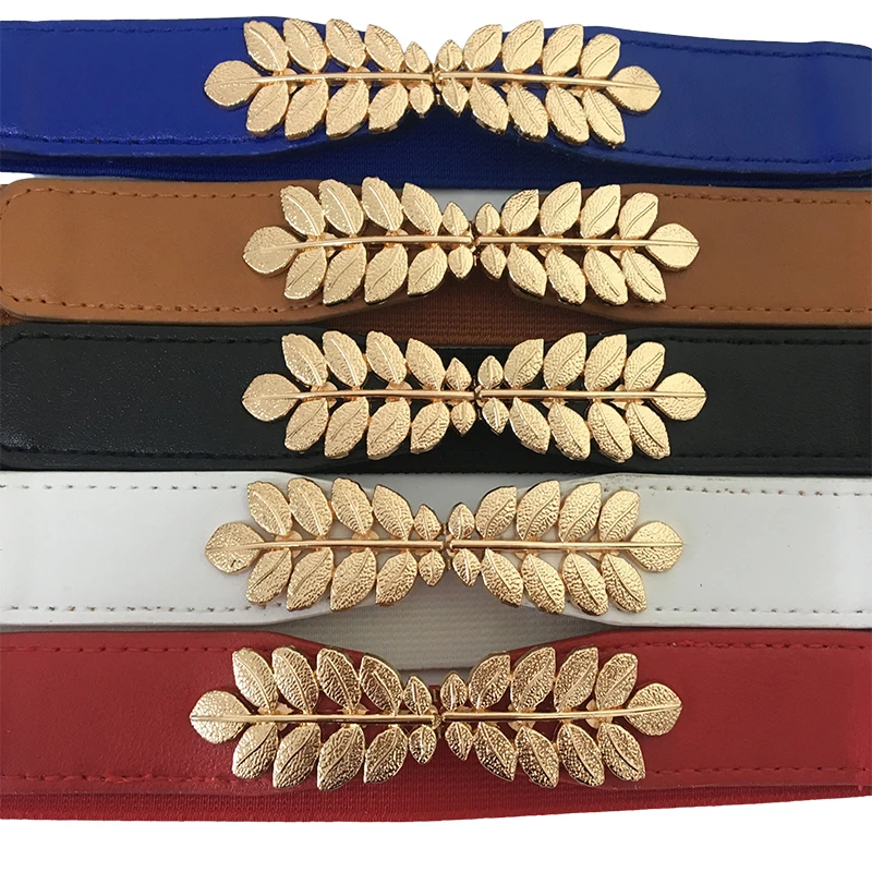 High elasticity fabric belts for women dresses gold Leaves metal buckle belts female belts women fashion 2019 hot elastic belts black corset belt