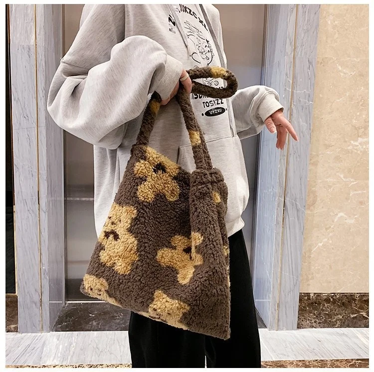 

Women Lamb Like Fabric Shoulder Tote Bag Canvas Fluffy Fur Bear Handbags Large Capacity Soft Shopping Bags Girls Cute School Bag