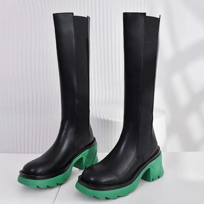 Luxury Brand Designer Knee High Boots Women Natural Genuine Leather Chunky Heels Goth Shoes 2022 Winter Round Toe Ytmtloy Sexy | Обувь