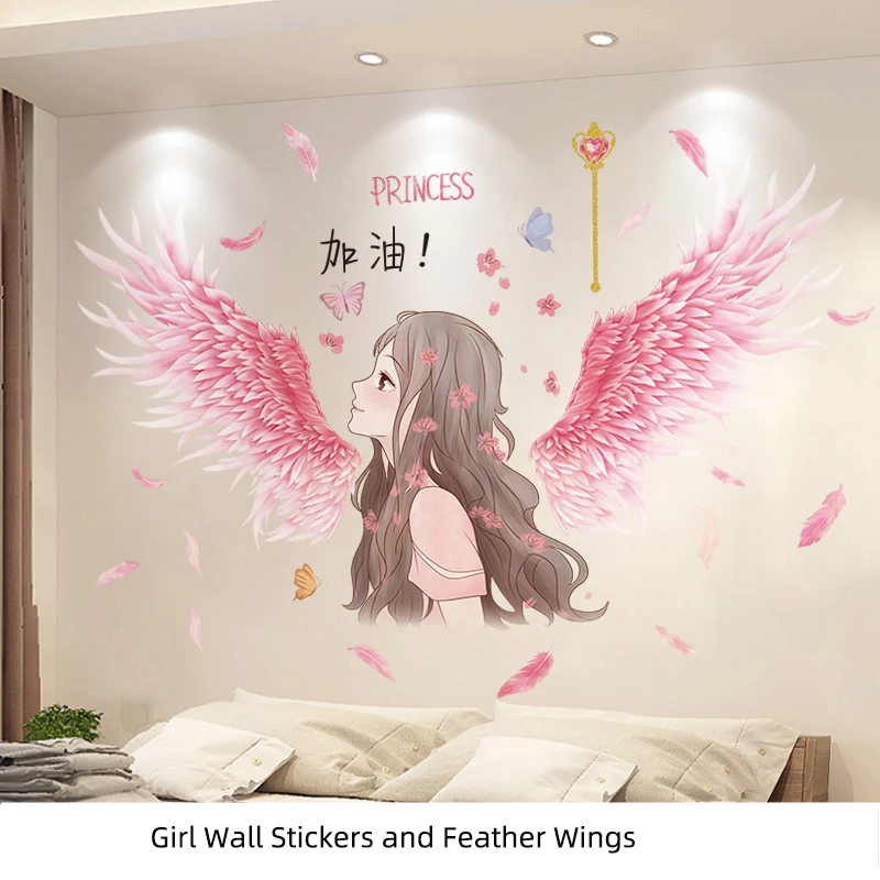 

[SHIJUEHEZI] Cartoon Girl Wall Stickers DIY Feather Wings Mural Decals for Kids Room Baby Bedroom Nursery House Decoration
