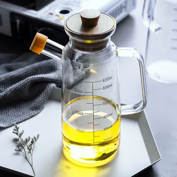 

Heat-resistant Glass Oil Pot with Scale Controllable Seasoning Vinegar Bottle with Bamboo Lid Oil Pot Practical Kitchen Supplies