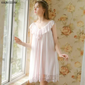 

Women's Slip Nightdress Summer Sexy Mesh Modal Lace Princess Nightgown Short Sleeve Pink Night Sleep Dress Female Homewear