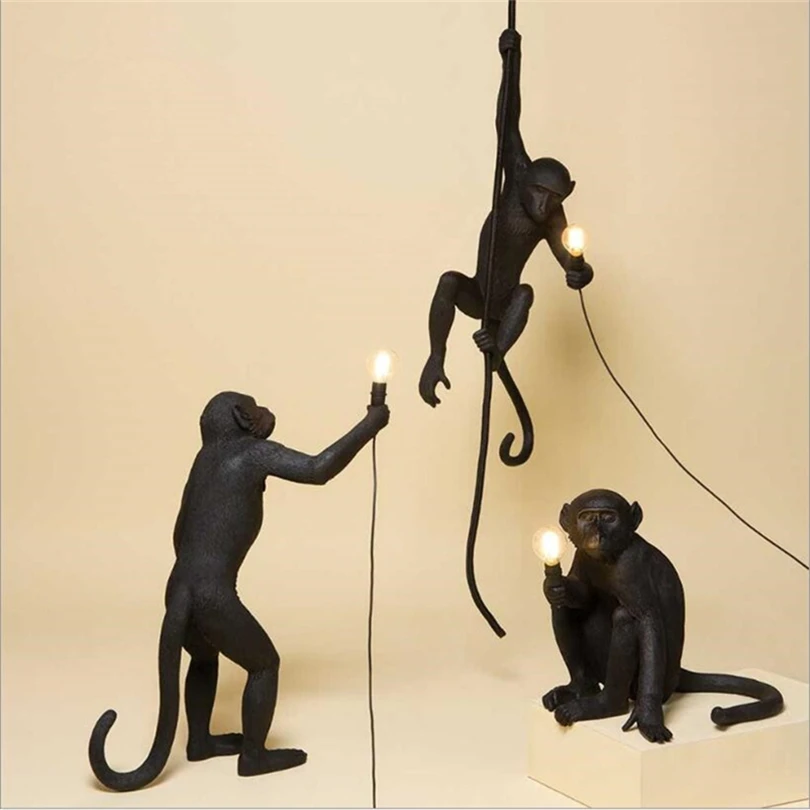 animal lamp Resin Black Monkey Lamps Hemp Rope Pendant Lights  Simple Art Nordic Replicas Hanging Light Fixtures Home Decor LED